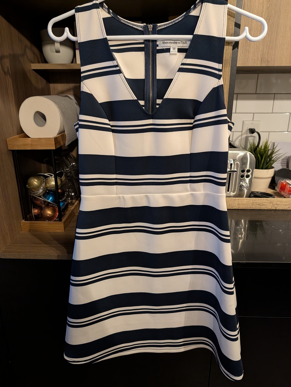 Abercrombie & Fitch Navy and White Striped V-Neck Dress